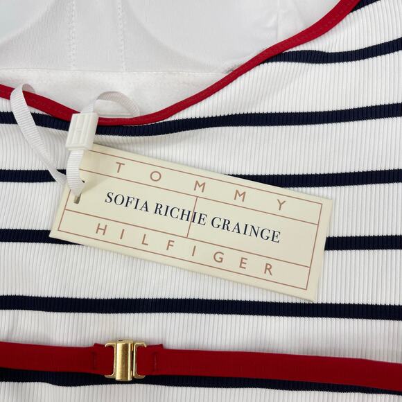 Tommy Hilfiger | NWT The Sofia Capsule Bandeau Belted Swimsuit Navy White Stripe - Picture 7 of 15